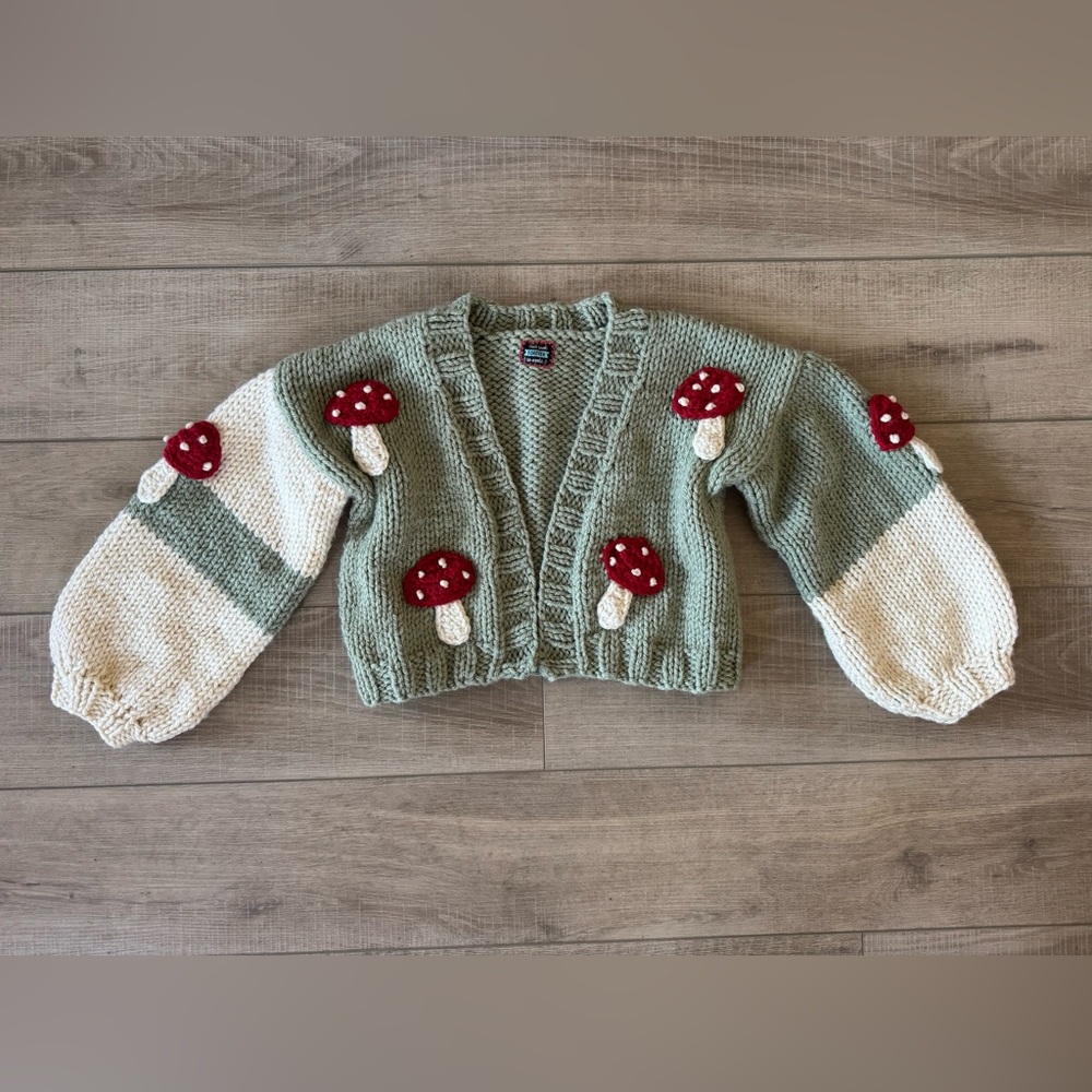 SOLD Hand Knit Children’s Mushroom Appliqué Open Front Cardigan Handmade Sage
